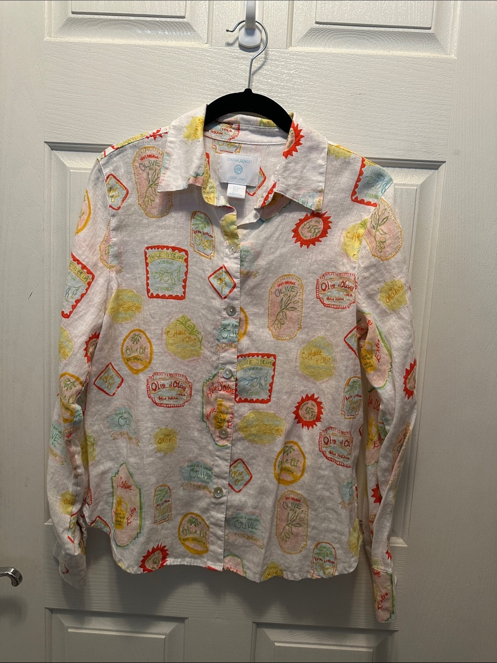 Cynthia Rowley White 109% Linen Button-Down Short with Olive Oil Print S
